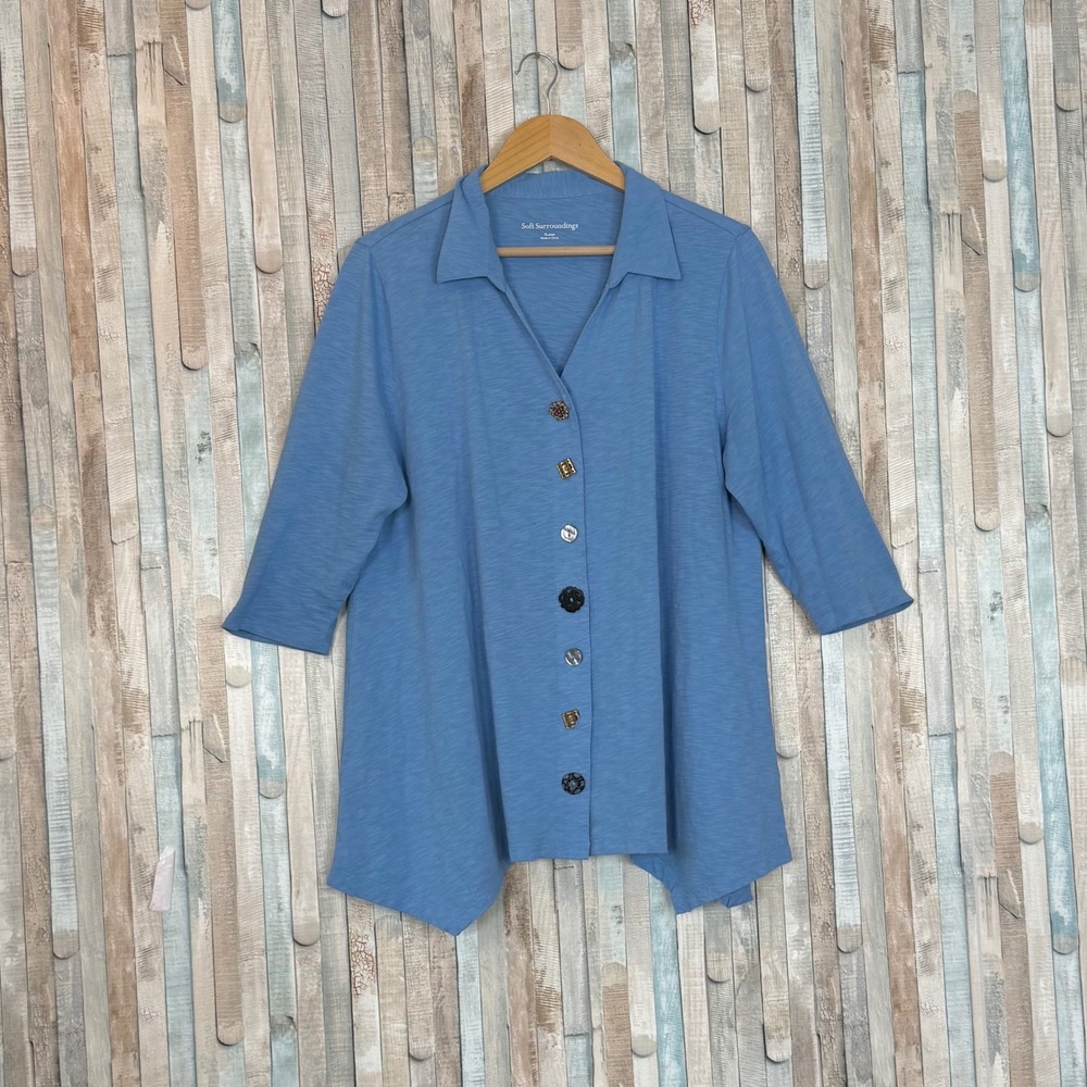 Soft Surroundings XL Danielle 3/4 Sleeve Tunic Top Sky Blue Cotton Mixed Button